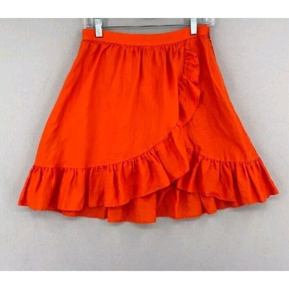 J.Crew‎ Orange 100% Linen Ruffle Wrap Mini Skirt Size 00 Side Zip High Low Hem